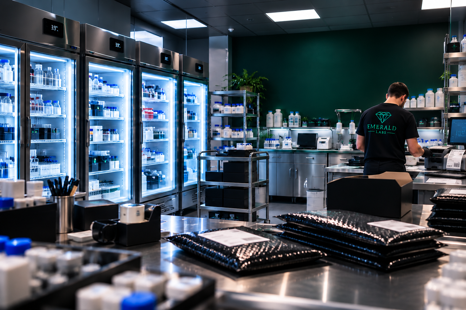 Emerald Labs laboratory with refrigerated research stock, branded packaging and dispatch packing